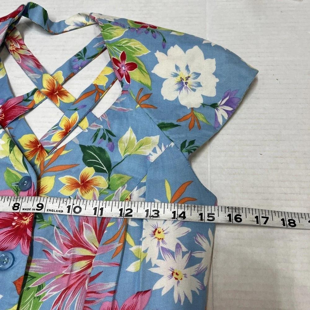 Vintage Scarlett Dress Womens 5/6 Blue Tropical‎ Floral Button Front Maxi Resort